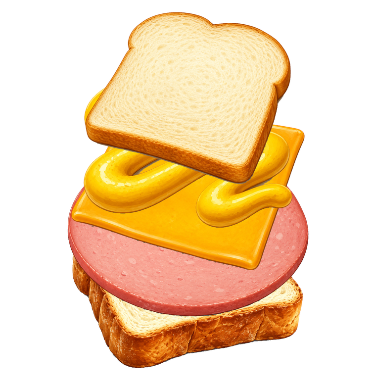 Full baloney sandwich showing the survival meter build order: bottom bun, baloney, cheese, mustard, top bun