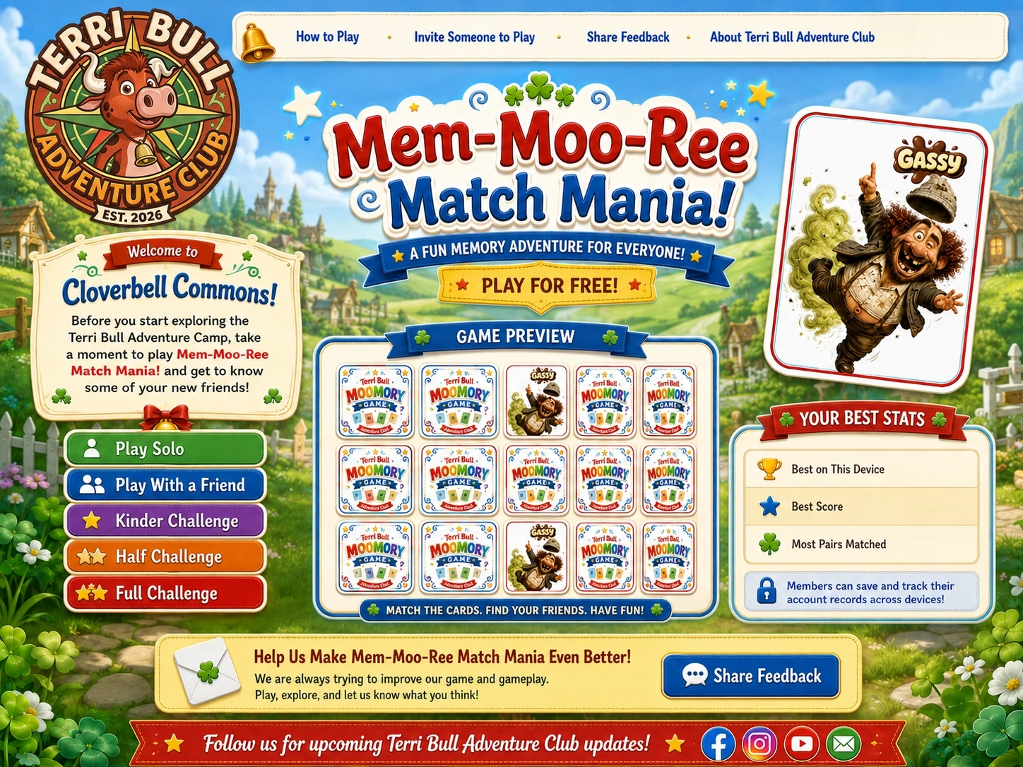 Mem-Moo-Ree Match Mania in Cloverbell Commons with game choices, Gassy character card, best statistics, feedback, and Terri Bull Adventure Club links.