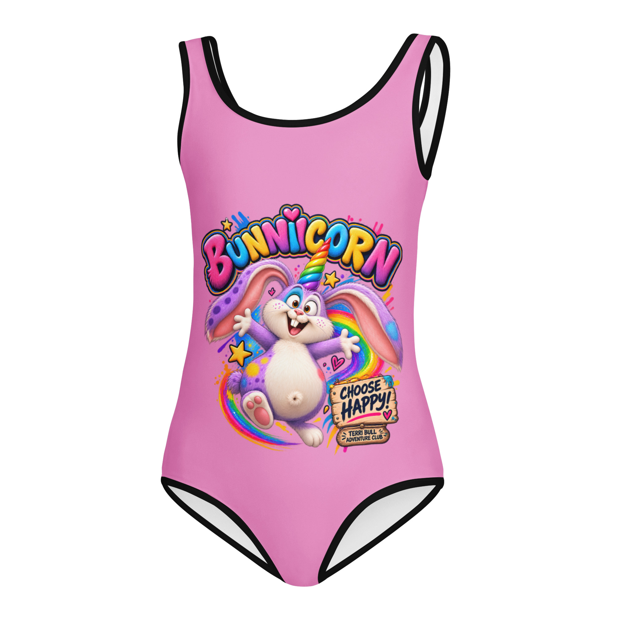 Girls unicorn swimsuit with Bunnicorn Choose Happy front artwork