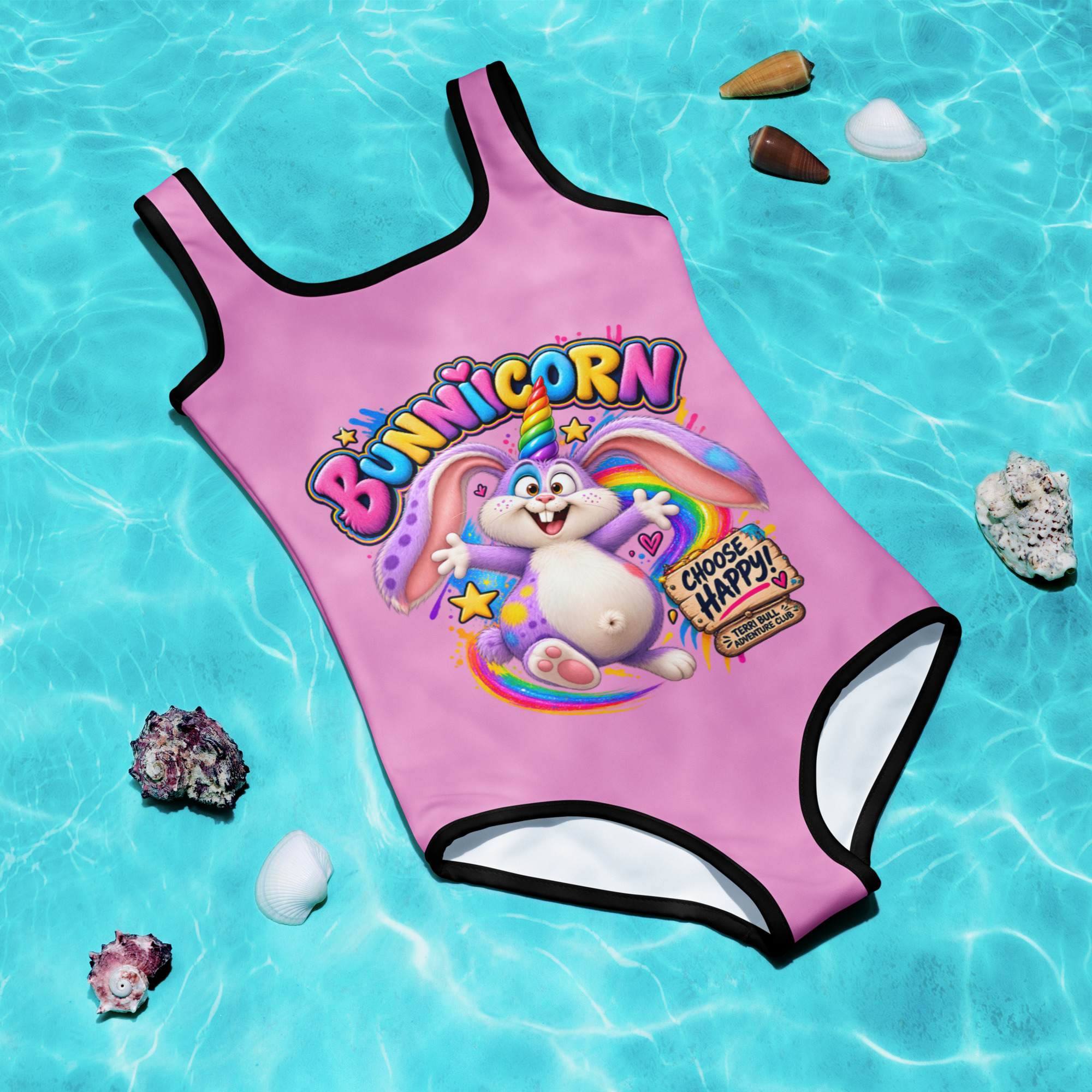 Bunnicorn Choose Happy Girls Swimsuit | Terri Bull Adventure Club 2T-7 - Image 6