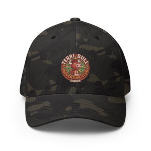 Structured twill cap with embroidered Terri Bull Adventure Club logo in black camouflage