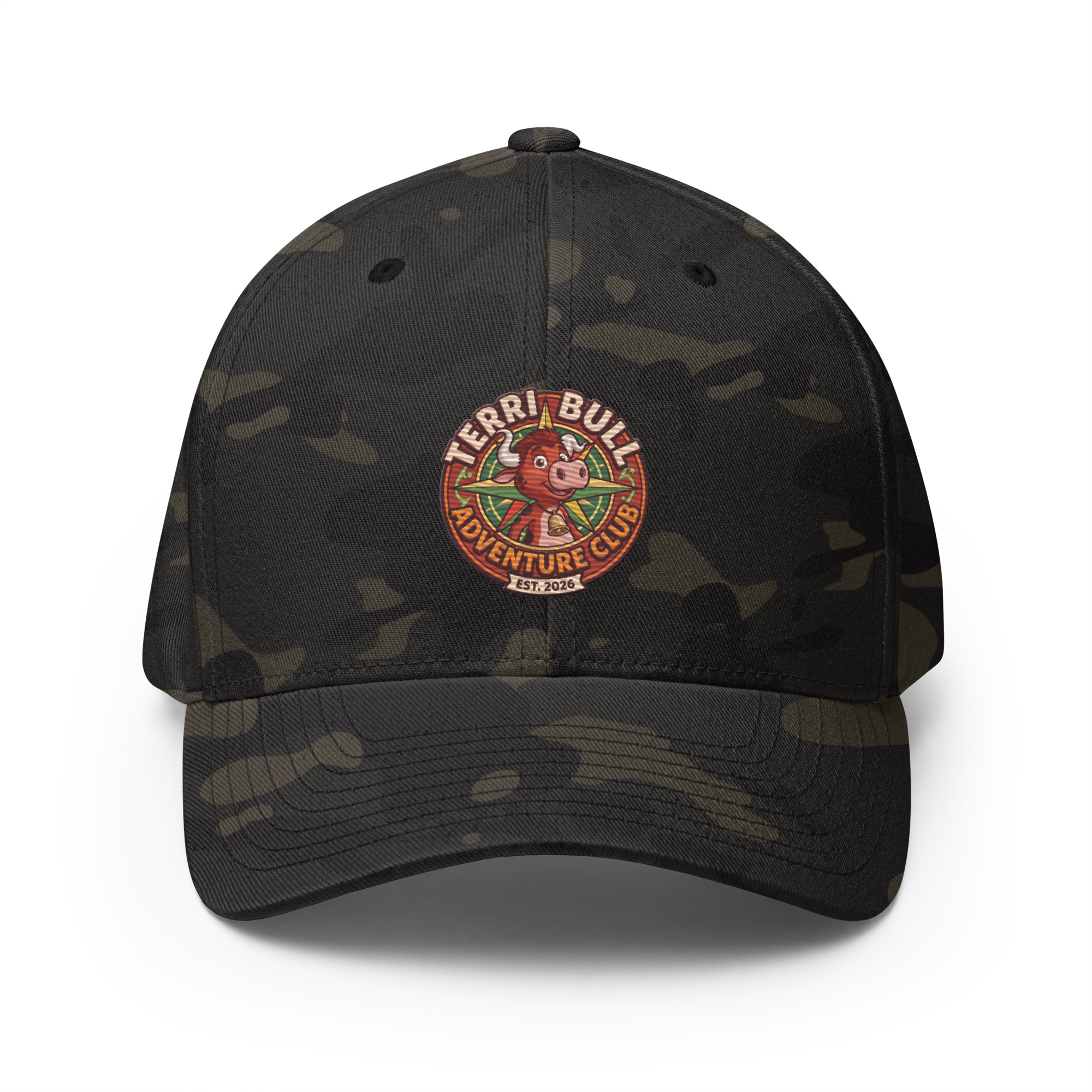 Structured twill cap with embroidered Terri Bull Adventure Club logo in black camouflage