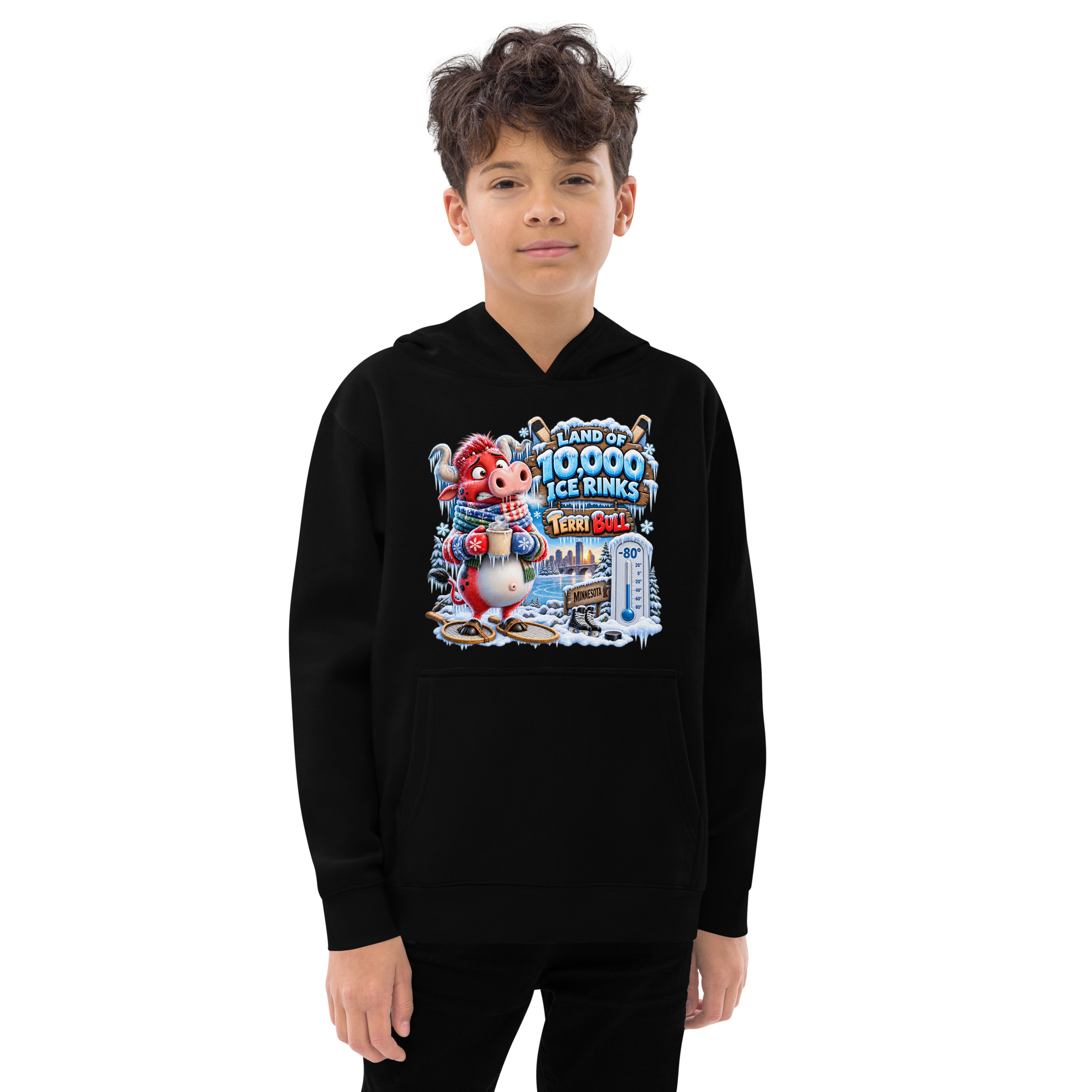 Terri Bull “Land of 10,000 Ice Rinks” Kids Fleece Hoodie - Image 3