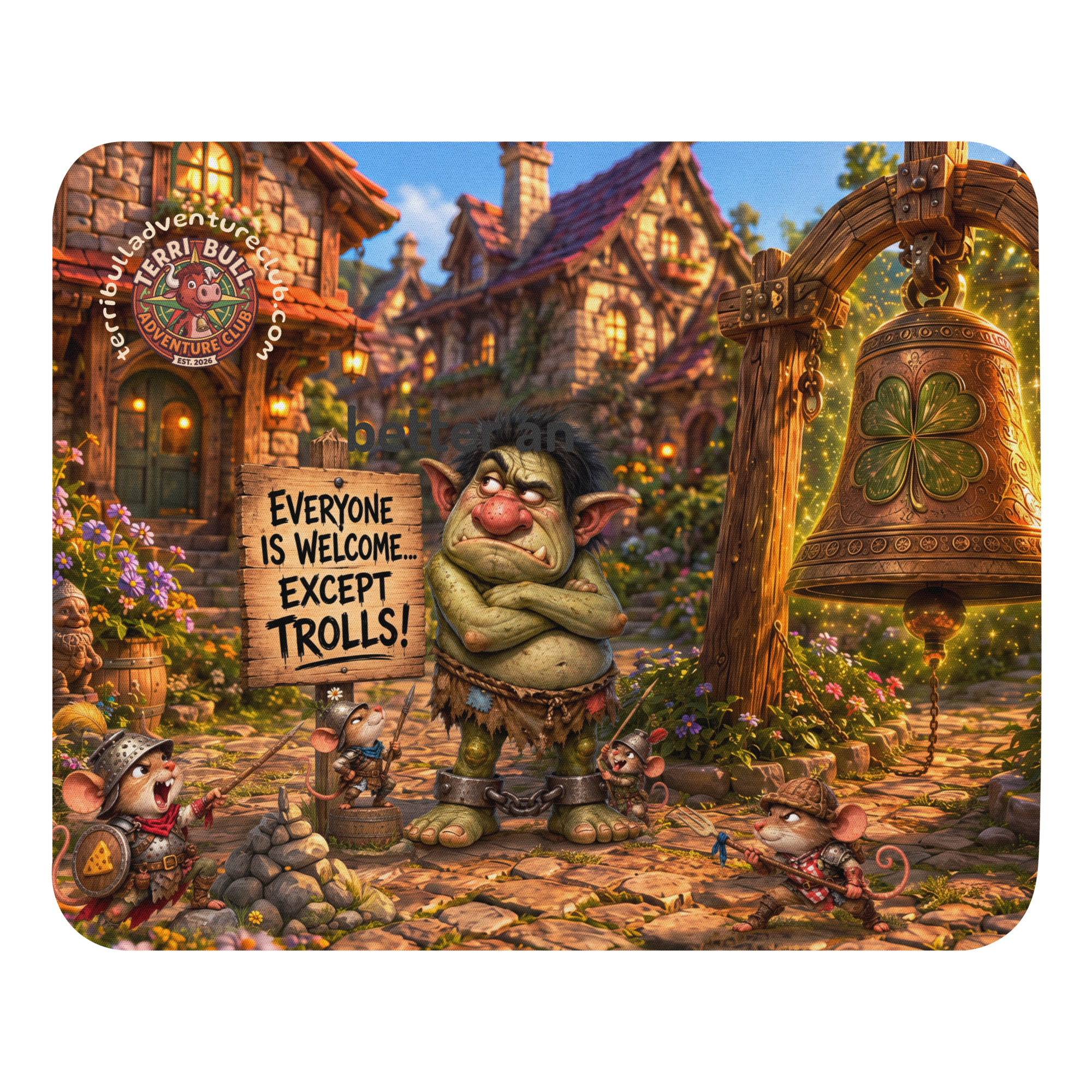 Funny troll mouse pad with Everyone Is Welcome Except Trolls Terri Bull Adventure Club artwork
