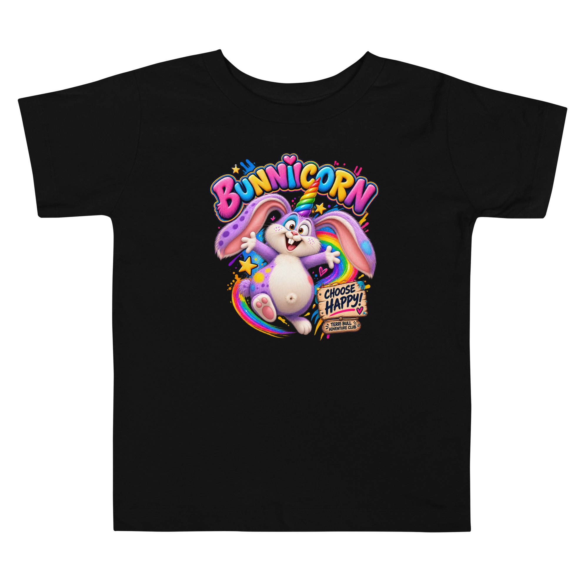 Toddler unicorn t-shirt with Bunnicorn Choose Happy Terri Bull Adventure Club artwork